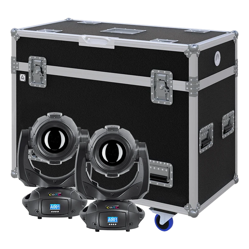View of two DTS Core Beam/Spot moving head fixtures with the custom ALP Flight Case in the background