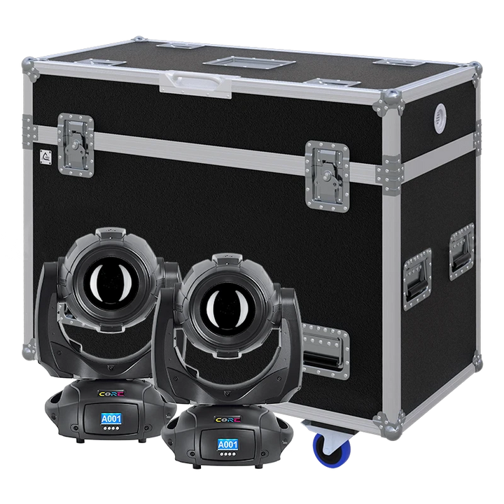 View of two DTS Core Beam/Spot moving head fixtures with the custom ALP Flight Case in the background
