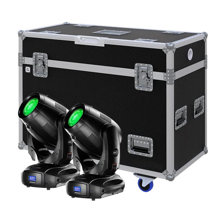 View of two DTS EVO lighting fixtures with the custom ALP Flight Case in the background