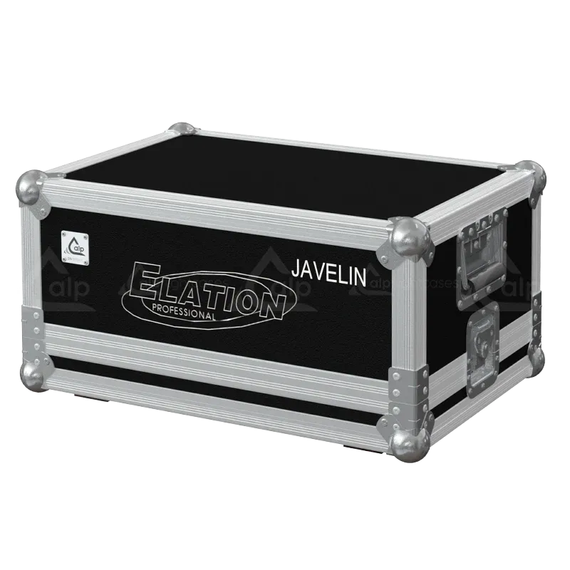 Front left view of the ALP Flight Case for 2x Elation Javelin showing recessed handles, butterfly catches and PVC finishing
