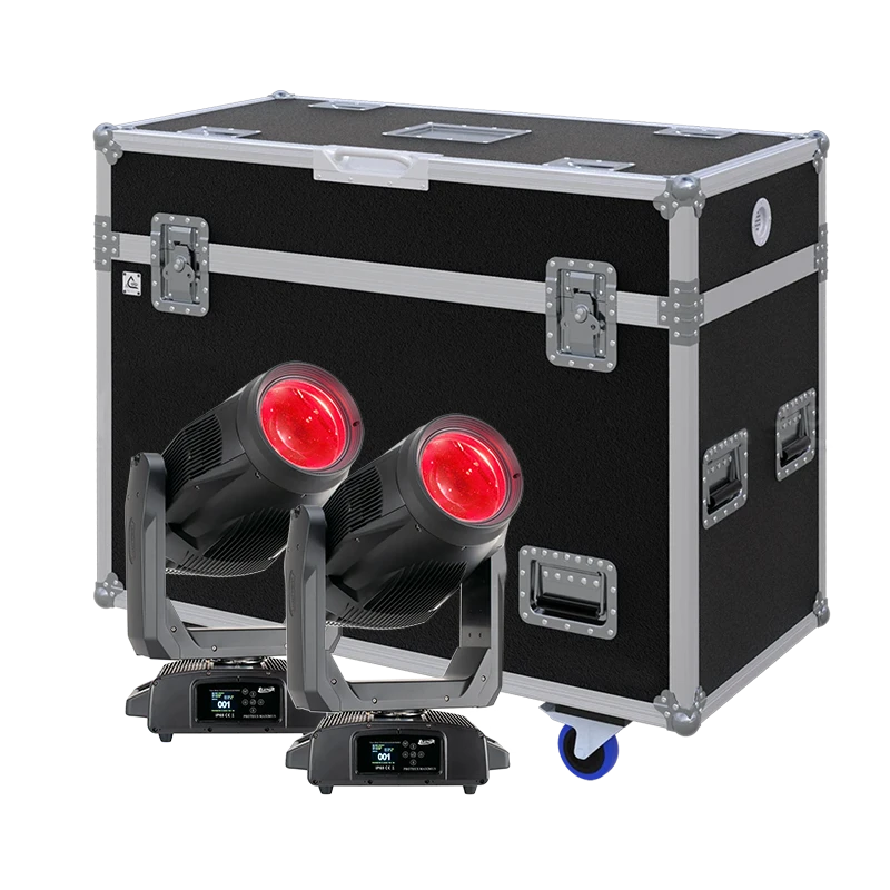 View of two Elation Proteus Lucius moving head fixtures with the custom ALP Flight Case in the background
