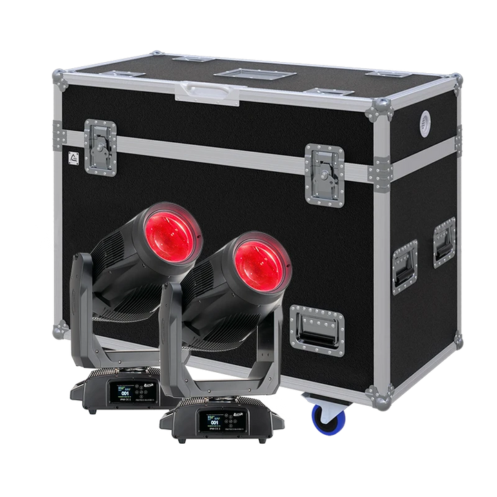 View of two Elation Proteus Lucius moving head fixtures with the custom ALP Flight Case in the background