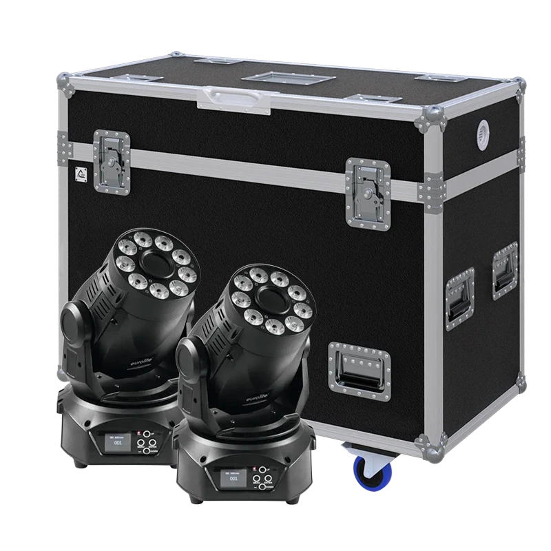 View of two EUROLITE LED TMH-75 Hybrid moving head fixtures with the custom ALP Flight Case in the background