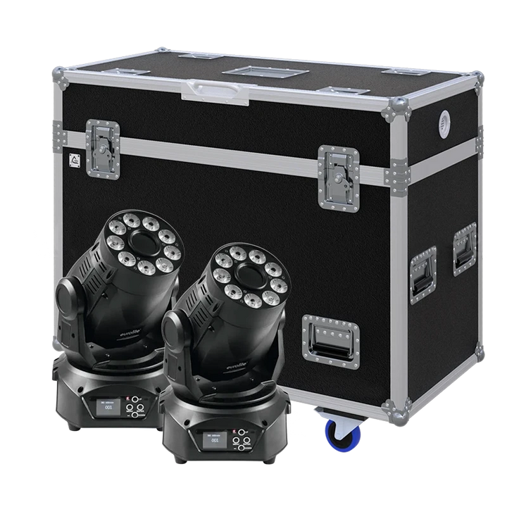 View of two EUROLITE LED TMH-75 Hybrid moving head fixtures with the custom ALP Flight Case in the background