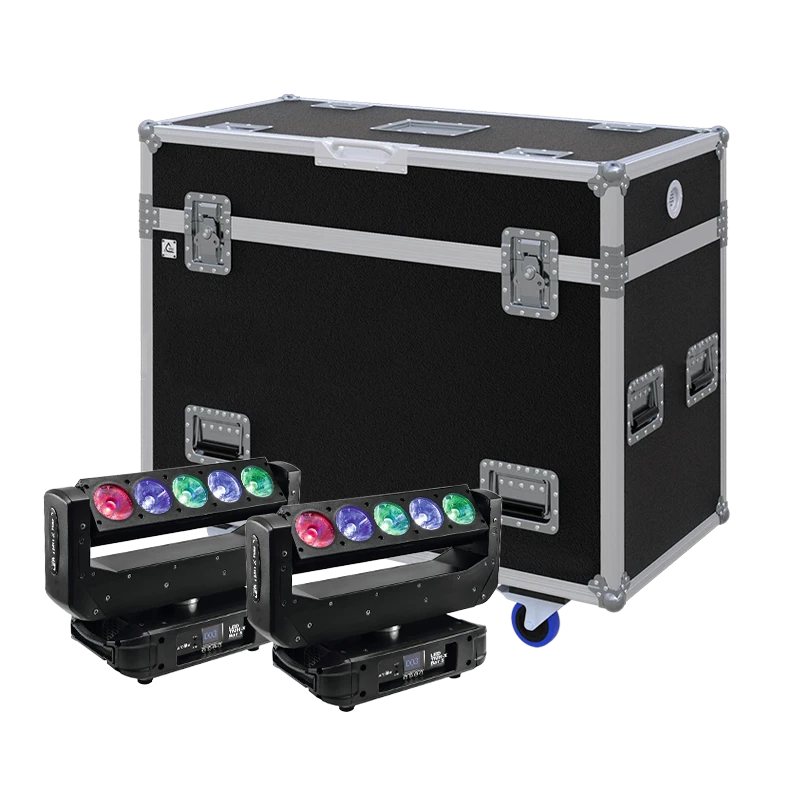 View of two Eurolite LED TMH-X Bar 5 lighting fixtures with the custom ALP Flight Case in the background
