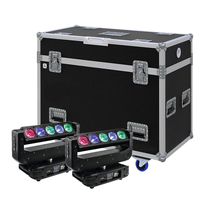 View of two Eurolite LED TMH-X Bar 5 lighting fixtures with the custom ALP Flight Case in the background