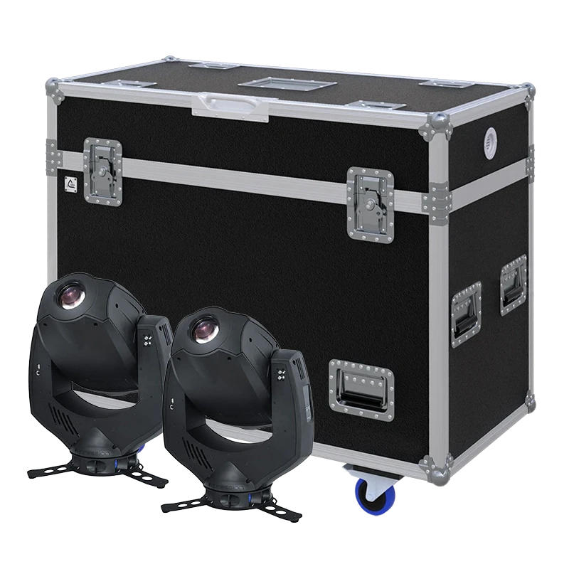 View of two GLP Impression Spot One moving head fixtures with the custom ALP Flight Case in the background
