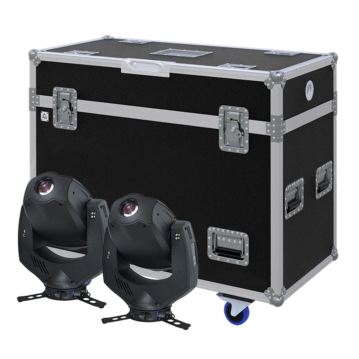 View of two GLP Impression Spot One moving head fixtures with the custom ALP Flight Case in the background