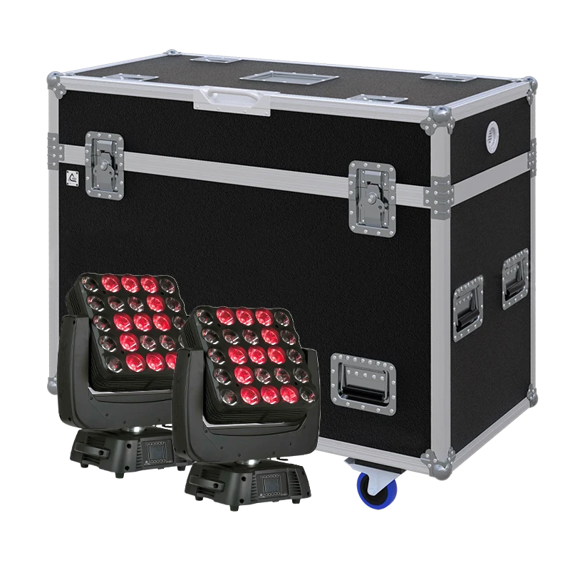View of two Infinity iM-2515 moving head fixtures with the custom ALP Flight Case in the background