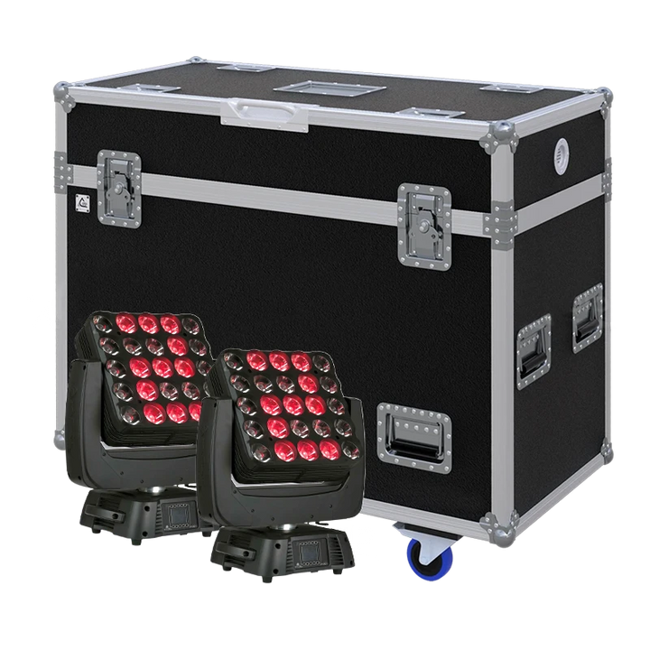 View of two Infinity iM-2515 moving head fixtures with the custom ALP Flight Case in the background