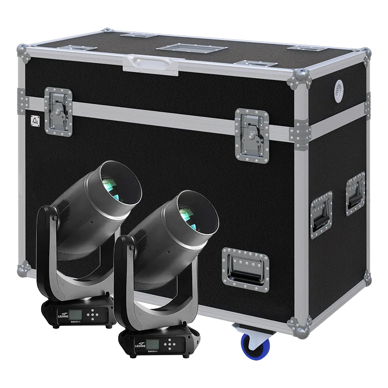 View of two Leding Ronin R45 lighting fixtures with the custom ALP Flight Case in the background