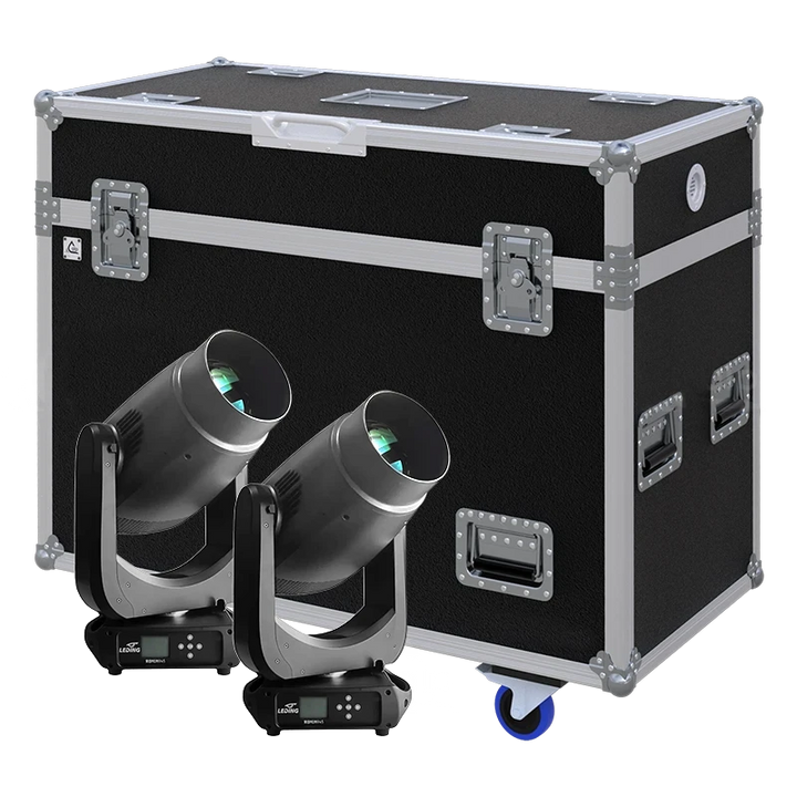 View of two Leding Ronin R45 lighting fixtures with the custom ALP Flight Case in the background