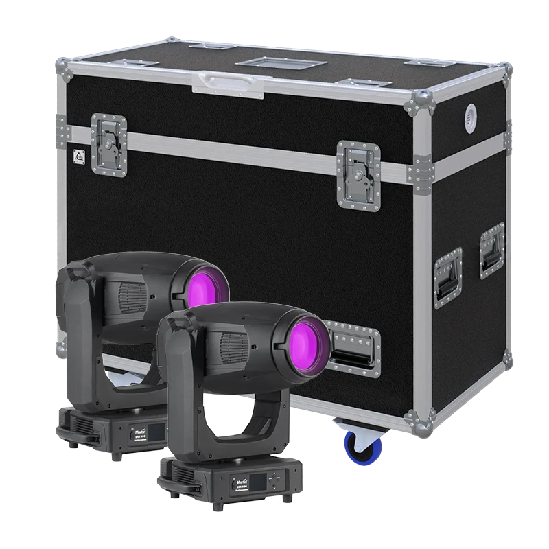View of two Martin ERA 600 Performance/Profile moving head fixtures with the custom ALP Flight Case in the background