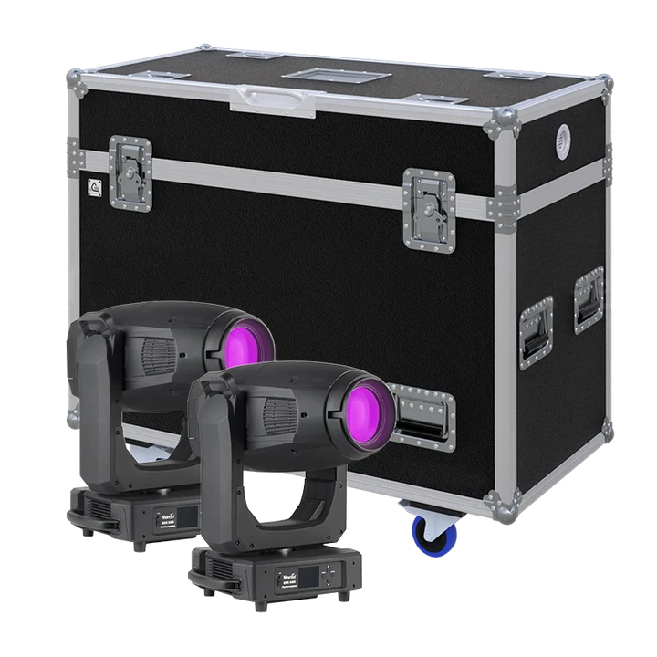 View of two Martin ERA 600 Performance/Profile moving head fixtures with the custom ALP Flight Case in the background