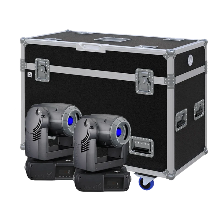 View of two Martin MAC 250/300 moving head fixtures with the custom ALP Flight Case in the background