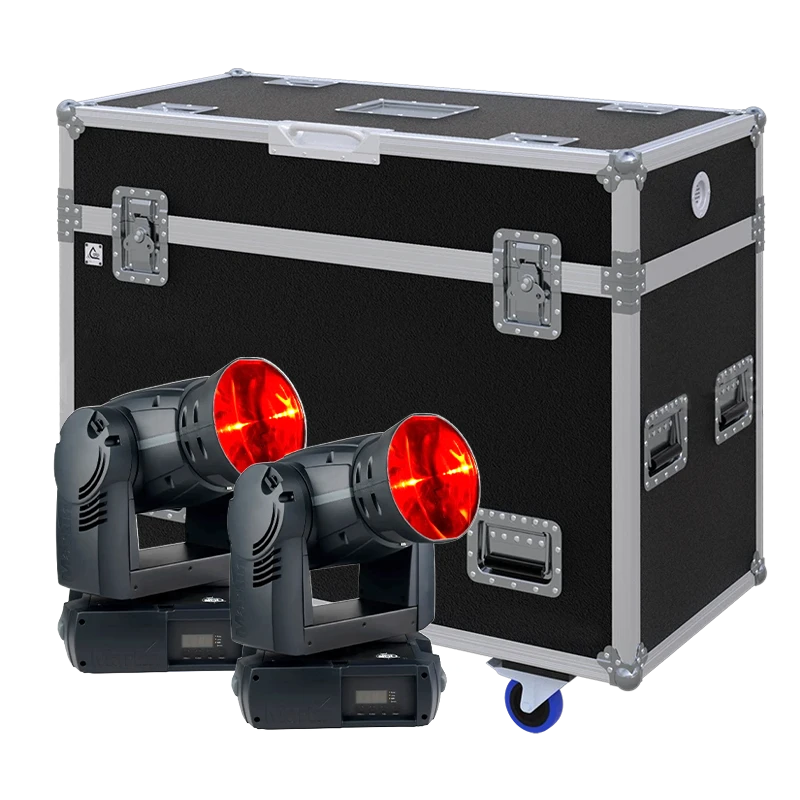 View of two Martin MAC 250 Beam moving head fixtures with the custom ALP Flight Case in the background