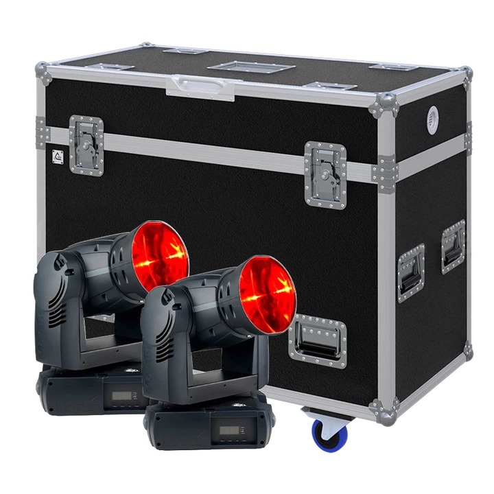 View of two Martin MAC 250 Beam moving head fixtures with the custom ALP Flight Case in the background