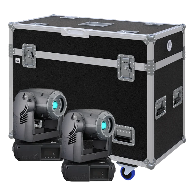 View of two Martin MAC 250 Krypton moving head fixtures with the custom ALP Flight Case in the background