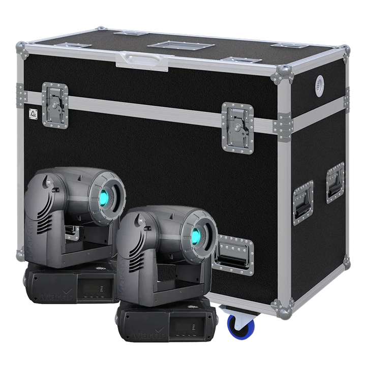 View of two Martin MAC 250 Krypton moving head fixtures with the custom ALP Flight Case in the background