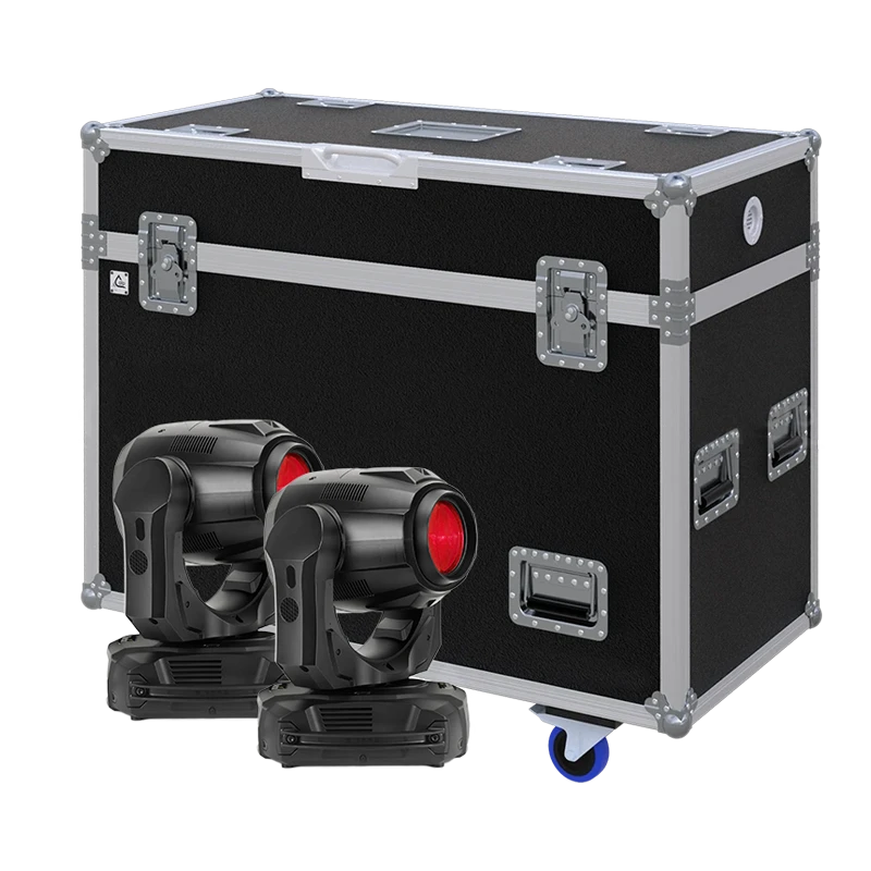 View of two Martin MAC Axiom moving head fixtures with the custom ALP Flight Case in the background