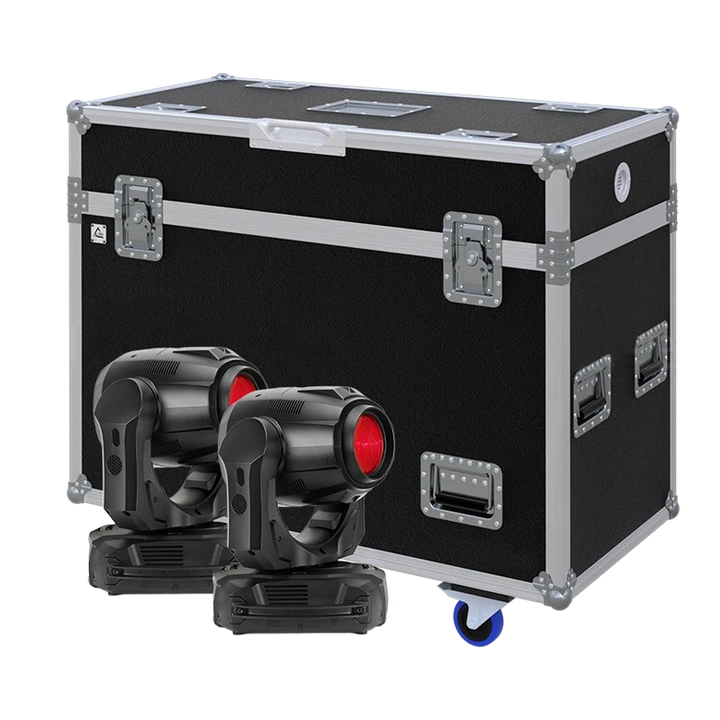 View of two Martin MAC Axiom moving head fixtures with the custom ALP Flight Case in the background