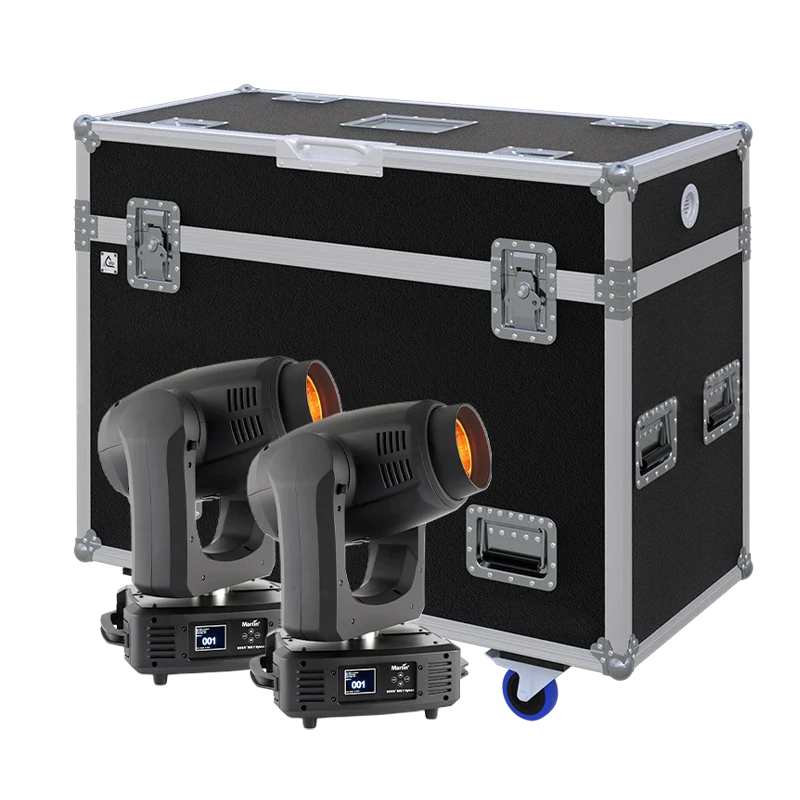 View of two Martin RUSH MH7 Hybrid moving head fixtures with the custom ALP Flight Case in the background