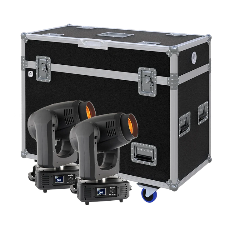 View of two Martin RUSH MH7 Hybrid moving head fixtures with the custom ALP Flight Case in the background