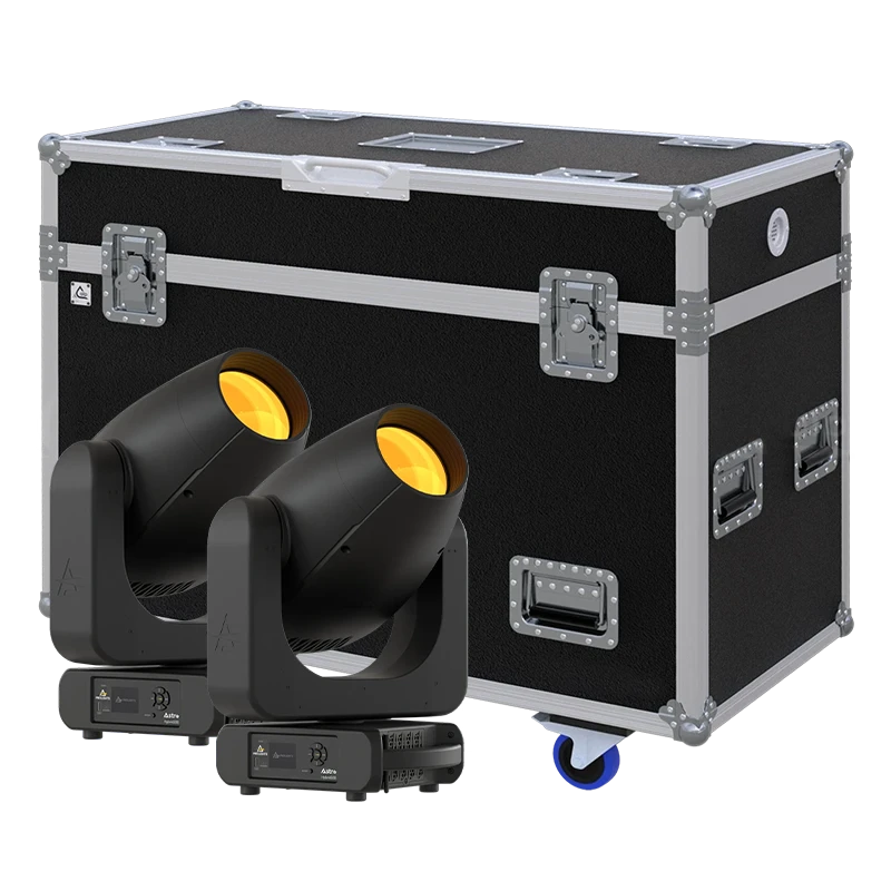 View of two Prolights Astra Hybrid330 moving head fixtures with the custom ALP Flight Case in the background