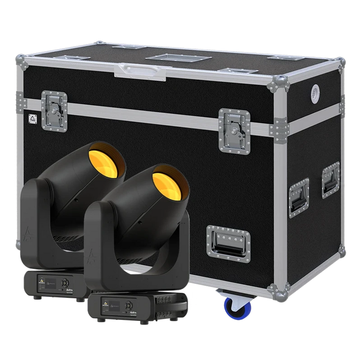 View of two Prolights Astra Hybrid330 moving head fixtures with the custom ALP Flight Case in the background
