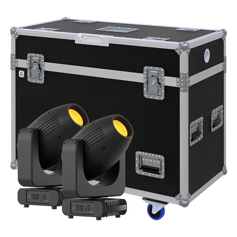 View of two Prolights Astra Profile400 moving head fixtures with the custom ALP Flight Case in the background