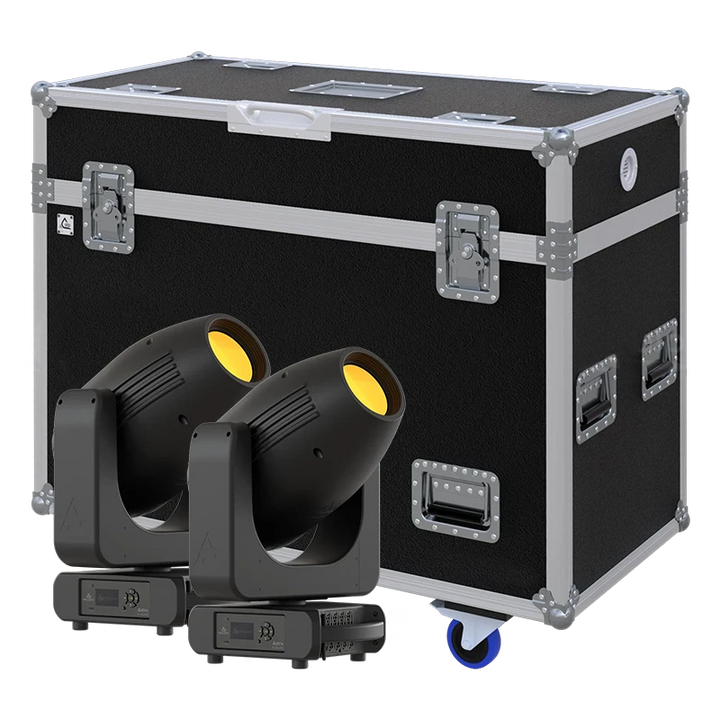 View of two Prolights Astra Profile400 moving head fixtures with the custom ALP Flight Case in the background