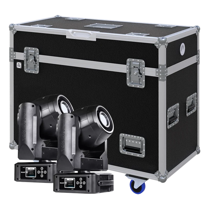 View of two Prolights Crystal lighting fixtures with the custom ALP Flight Case in the background