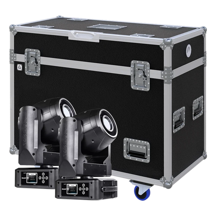 View of two Prolights Crystal lighting fixtures with the custom ALP Flight Case in the background
