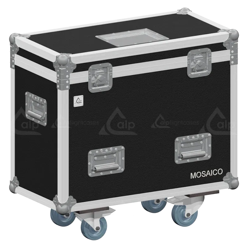 Front right view of the ALP Flight Case for 2x Prolights Mosaico featuring reinforced touring hardware, butterfly catches and durable construction
