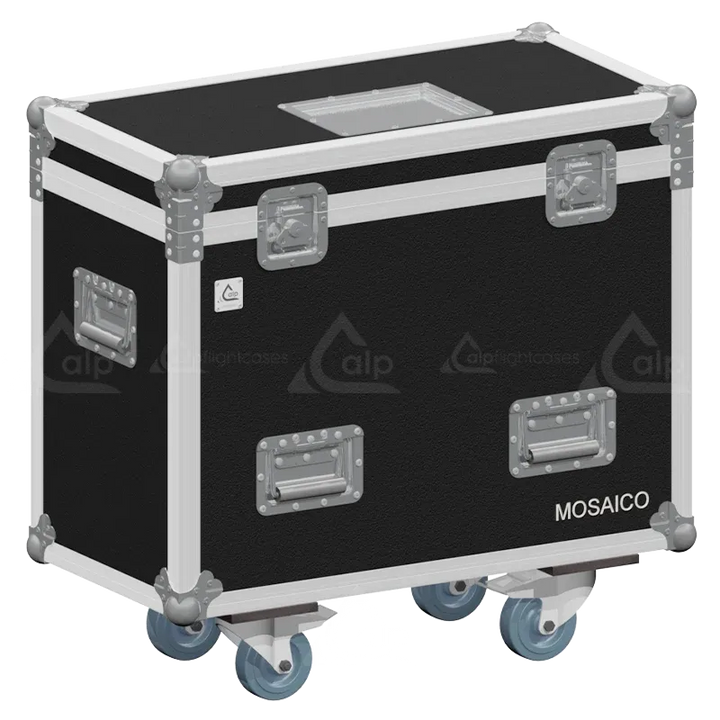 Front right view of the ALP Flight Case for 2x Prolights Mosaico featuring reinforced touring hardware, butterfly catches and durable construction
