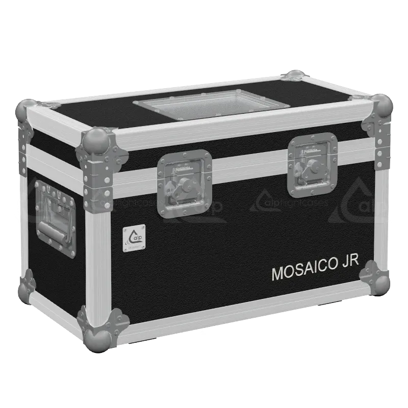 Front right view of the ALP Flight Case for 2x Prolights Mosaico Jr featuring reinforced touring hardware, butterfly catches and durable construction