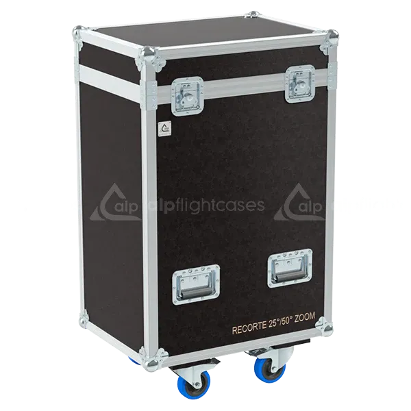 Front right view of the ALP Flight Case for 2x 25–50° Zoom Profile Spotlights featuring reinforced touring hardware, butterfly catches and durable construction
