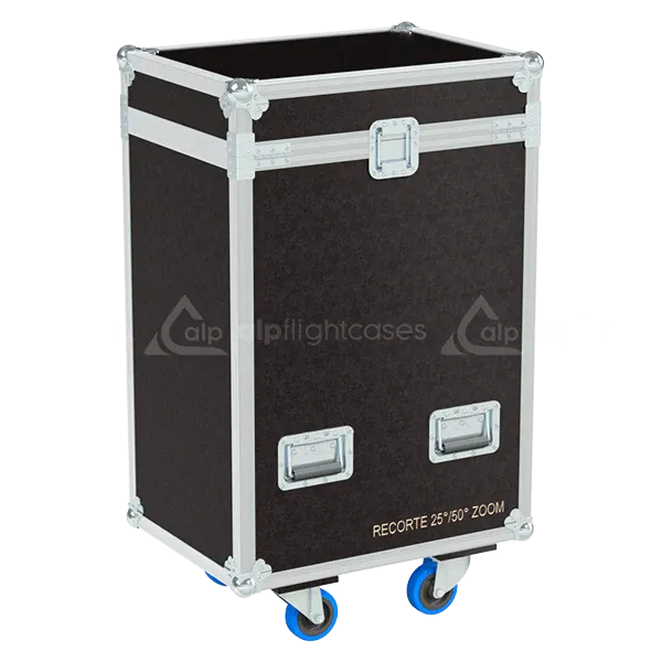 Rear view of the ALP Flight Case for 2x 25–50° Zoom Profile Spotlights showing reinforced protective structure and touring hardware