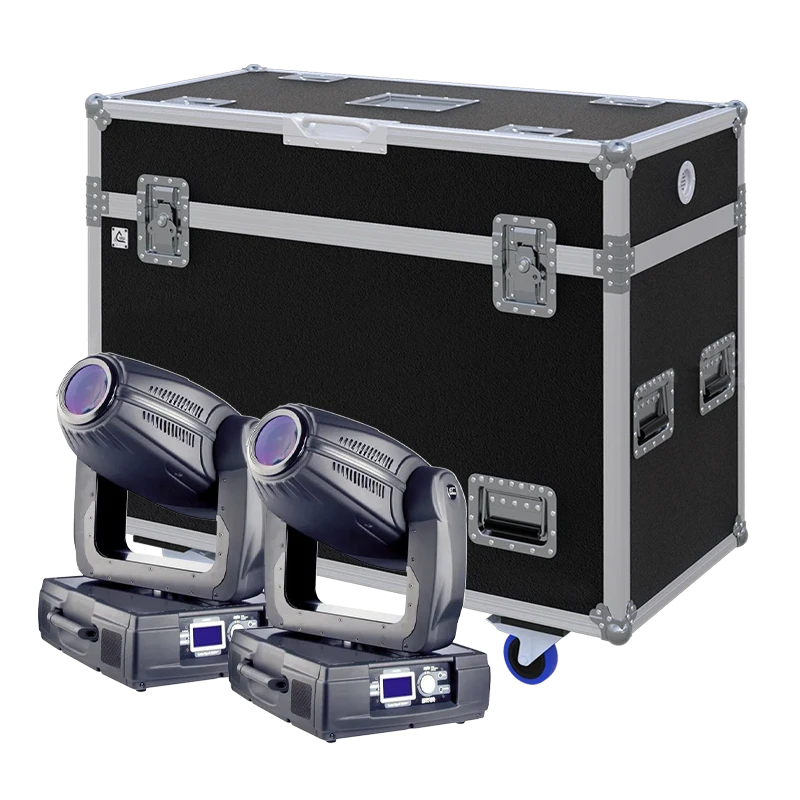 View of two Robe 1200 AT Color Spot moving head fixtures with the custom ALP Flight Case in the background