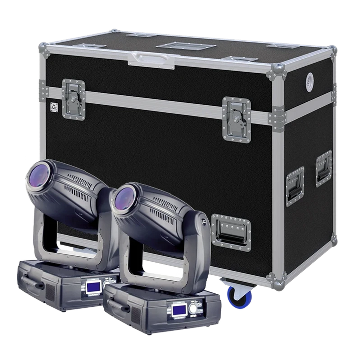 View of two Robe 1200 AT Color Spot moving head fixtures with the custom ALP Flight Case in the background