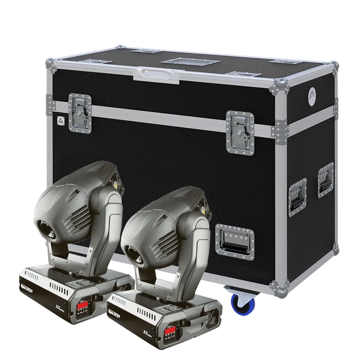View of two Robe 575 XT CS moving head fixtures with the custom ALP Flight Case in the background