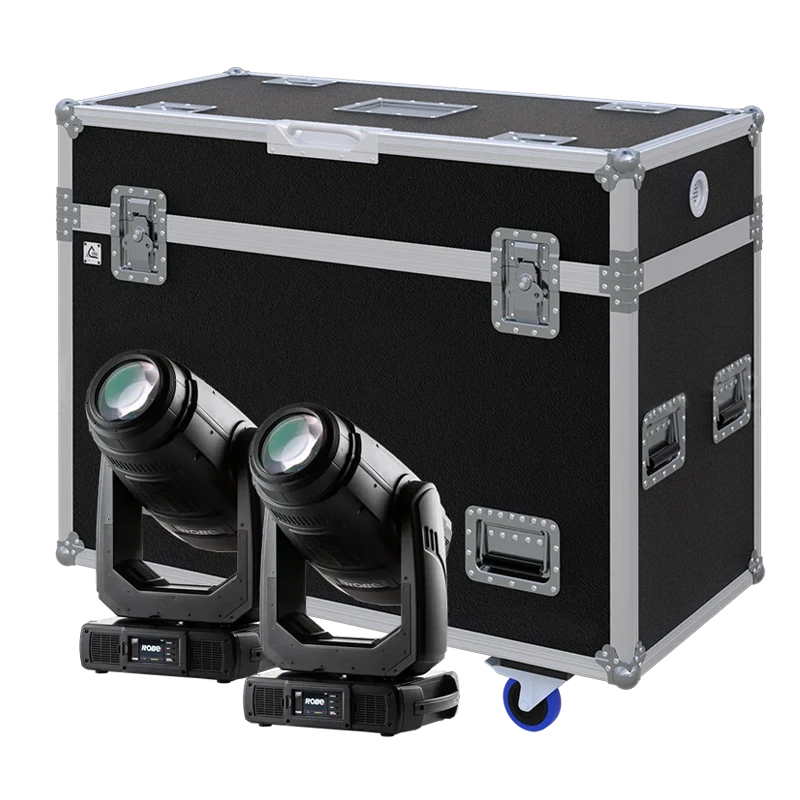 View of two Robe BMFL Spot moving head fixtures with the custom ALP Flight Case in the background