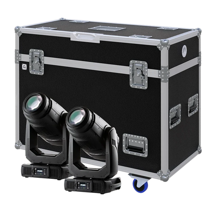 View of two Robe BMFL Spot moving head fixtures with the custom ALP Flight Case in the background