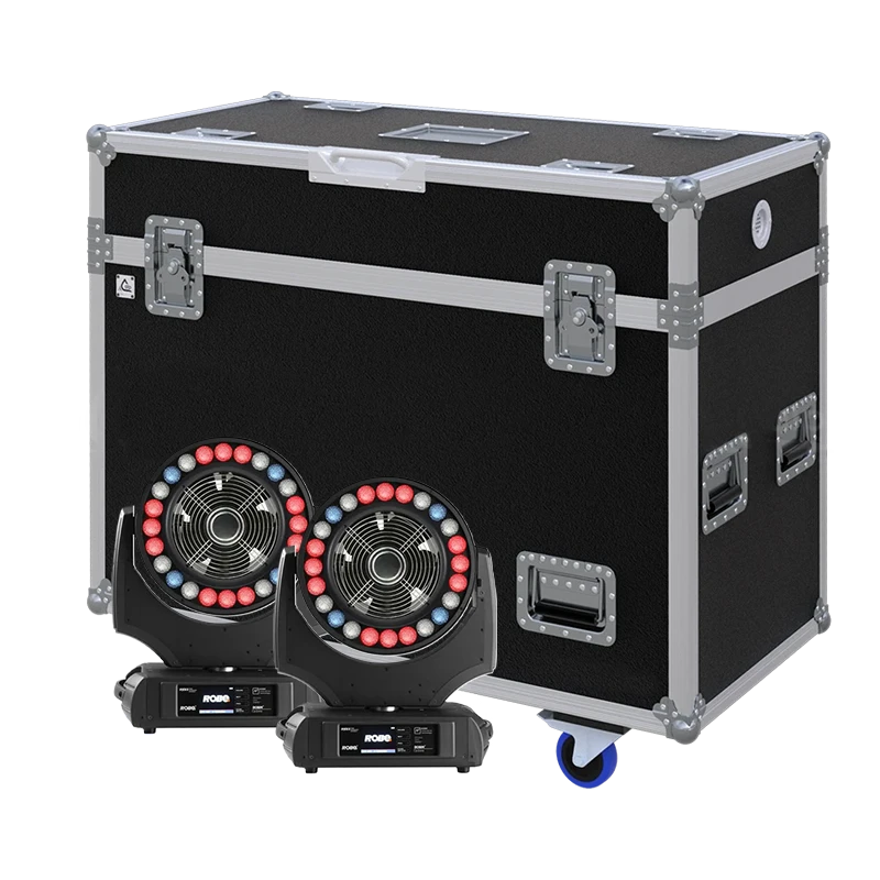 View of two Robe CYCLONE lighting fixtures with the custom ALP Flight Case in the background