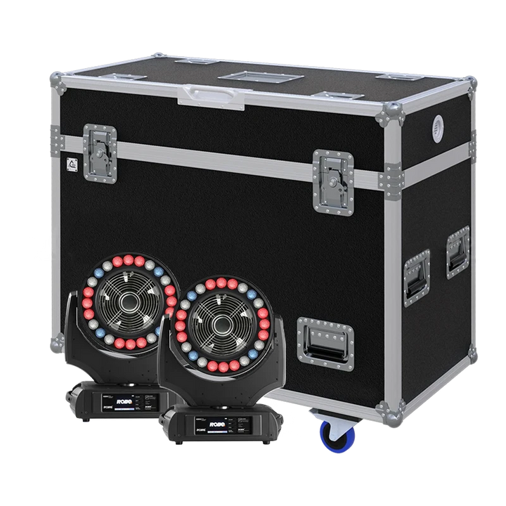 View of two Robe CYCLONE lighting fixtures with the custom ALP Flight Case in the background