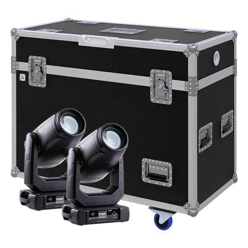 View of two Robe iESPRITE moving head fixtures with the custom ALP Flight Case in the background