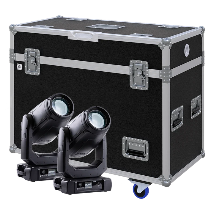 View of two Robe iESPRITE moving head fixtures with the custom ALP Flight Case in the background