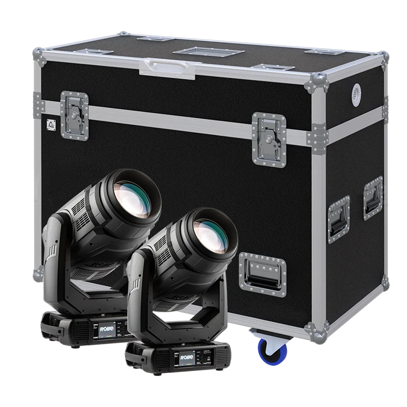 View of two Robe MegaPointe moving head fixtures with the custom ALP Flight Case in the background