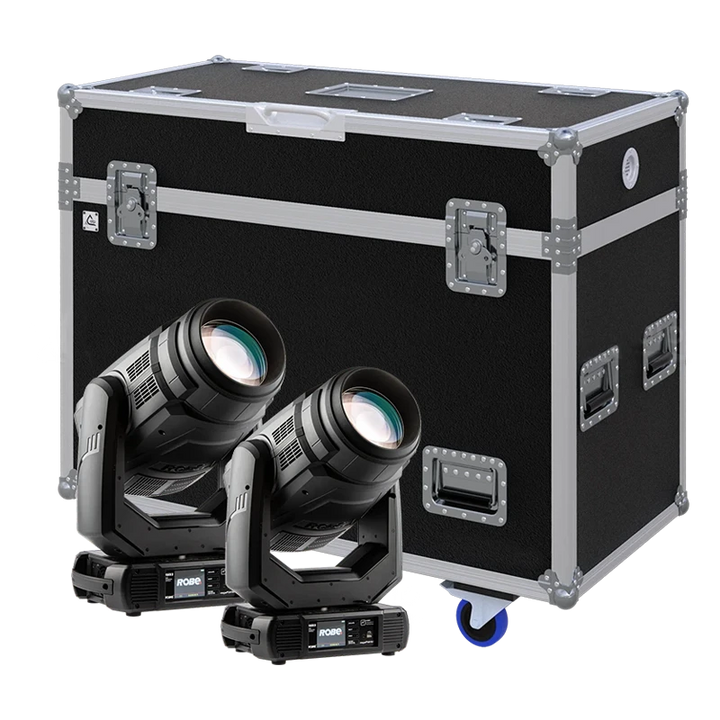 View of two Robe MegaPointe moving head fixtures with the custom ALP Flight Case in the background