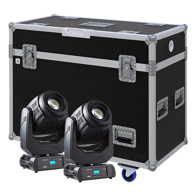 View of two Robe miniPointe moving head fixtures with the custom ALP Flight Case in the background
